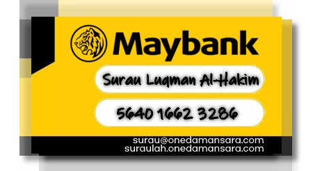 Kad dengan butiran akaun bank Maybank Surau Luqman Al-Hakim, dan laman web Surau Luqman Al-Hakim dan alamat emel.