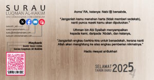 Poster hadis sedekah dan peringatan agar tidak berkira-kira dalam memberi sedekah.