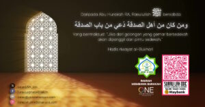 Poster hadis yang disampaikan oleh Abu Hurairah RA akan adanya pintu khas (di syurga) untuk orang-orang yang gemar bersedekah.