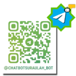 Kod QR untuk applikasi Telegram dan logo Telegram beserta lambang bot dengan belon sembang, melambangkan 'Chatbot' untuk Surau Luqman Al-Hakim.